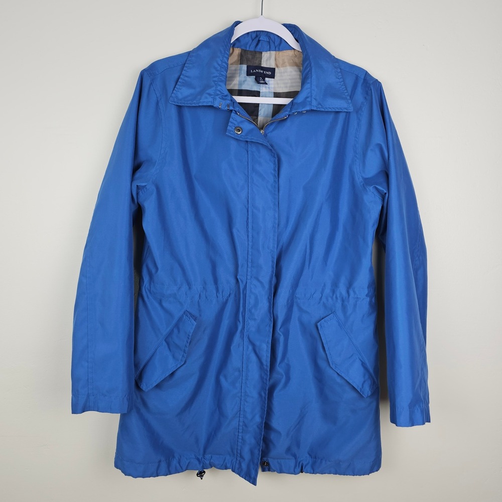Lands' End Jacket Womens Small Blue Rain Coat Anorak Plaid Lining Full Zip